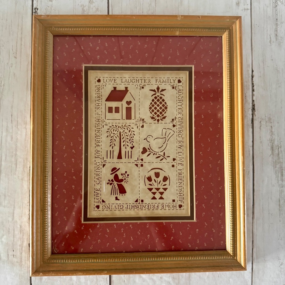 Vintage Figi Graphics Folk Art Framed Wall Decor Red Love Laughter Family Friend